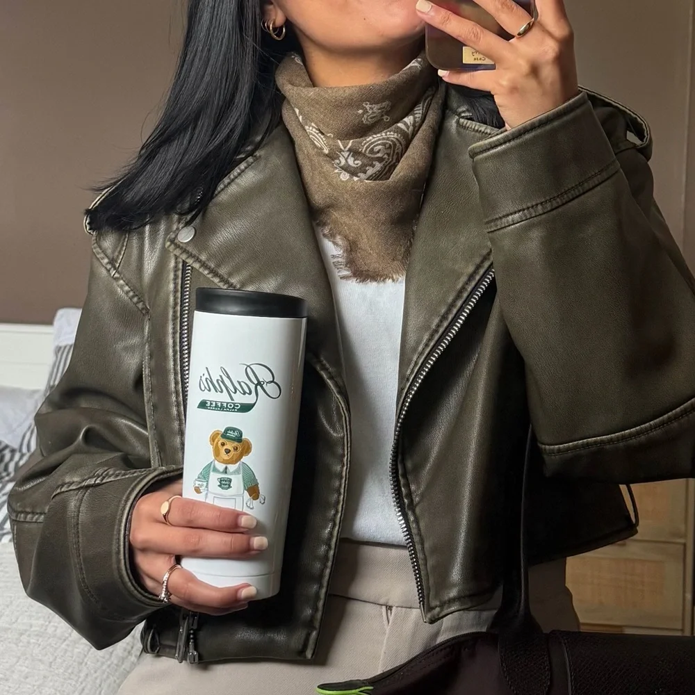 Zara Olive Green Faux Leather Biker Jacket